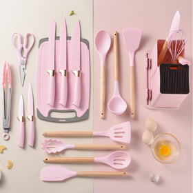 19 Pcs Kitchen Cooking Utensils And Knife Set With Block